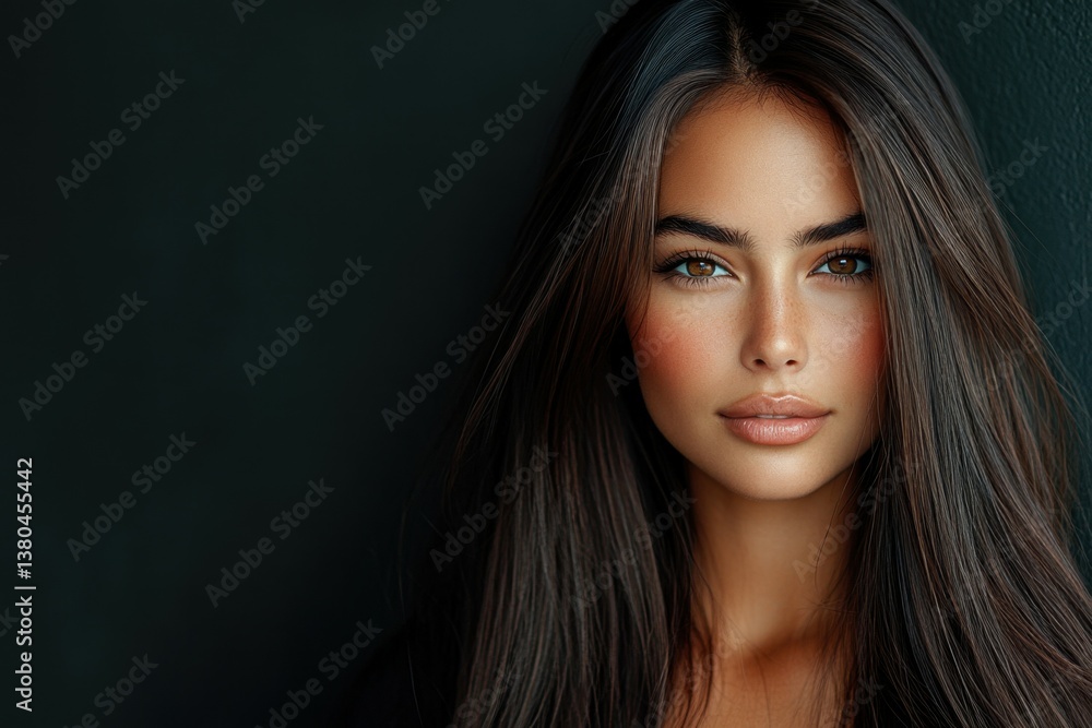 Radiant Portrait: A close-up shot of a beautiful woman with flowing dark hair, a radiant smile, and captivating eyes against a subtle dark backdrop. Radiant Portrait: A close-up shot of a beautiful woman with flowing dark hair, a radiant smile, and captivating eyes against a subtle dark backdrop.