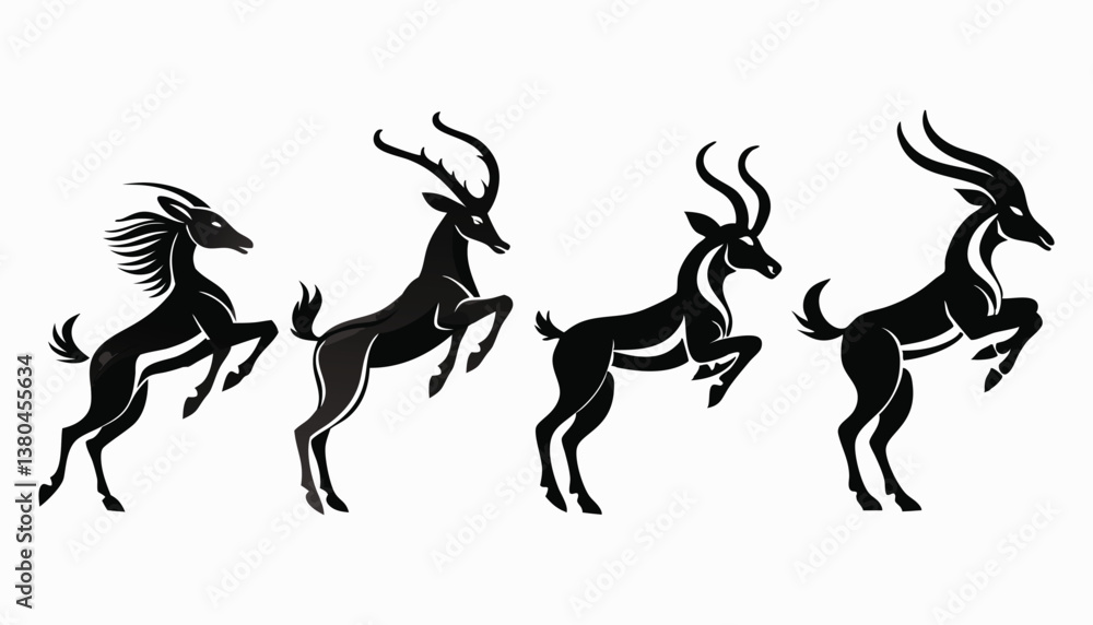 Silhouette of a deer with antlers in a simple vector design, showcasing wildlife and nature themes Silhouette of a deer with antlers in a simple vector design, showcasing wildlife and nature themes