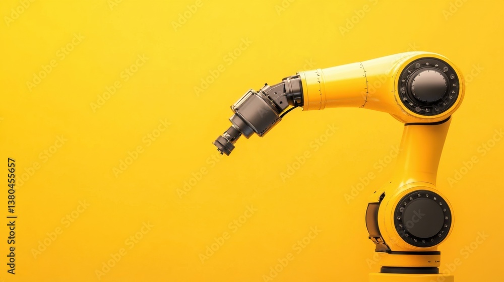Industrial robotic arm gripping a metal sheet, highlighted against a solid yellow background. Industrial robotic arm gripping a metal sheet, highlighted against a solid yellow background.