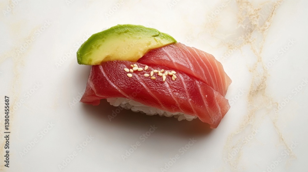 Elegant Nigiri Sushi with Tuna, Avocado, and Sesame Seeds on Marble Elegant Nigiri Sushi with Tuna, Avocado, and Sesame Seeds on Marble