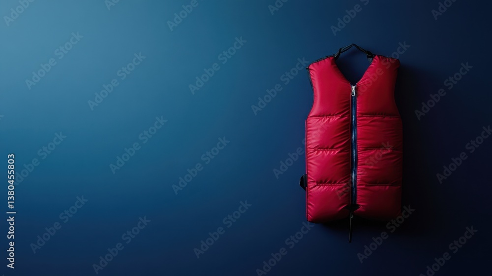 Inflatable emergency life vest with pull cord, placed against a navy blue background. Inflatable emergency life vest with pull cord, placed against a navy blue background.