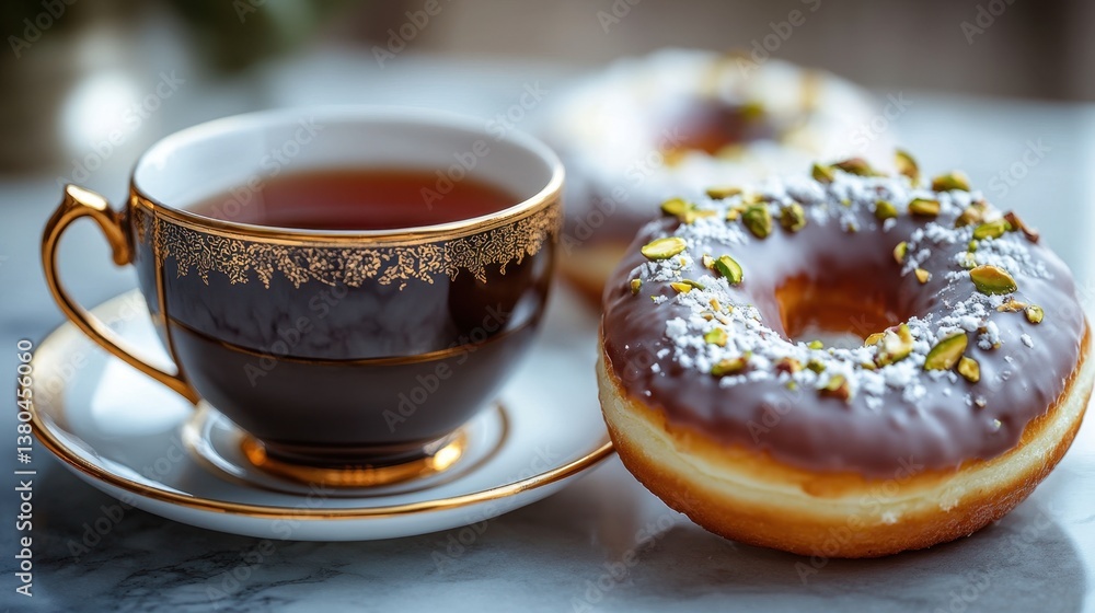 Elegant Teacup and Gourmet Donuts on Marble Surface for Breakfast Delight Elegant Teacup and Gourmet Donuts on Marble Surface for Breakfast Delight