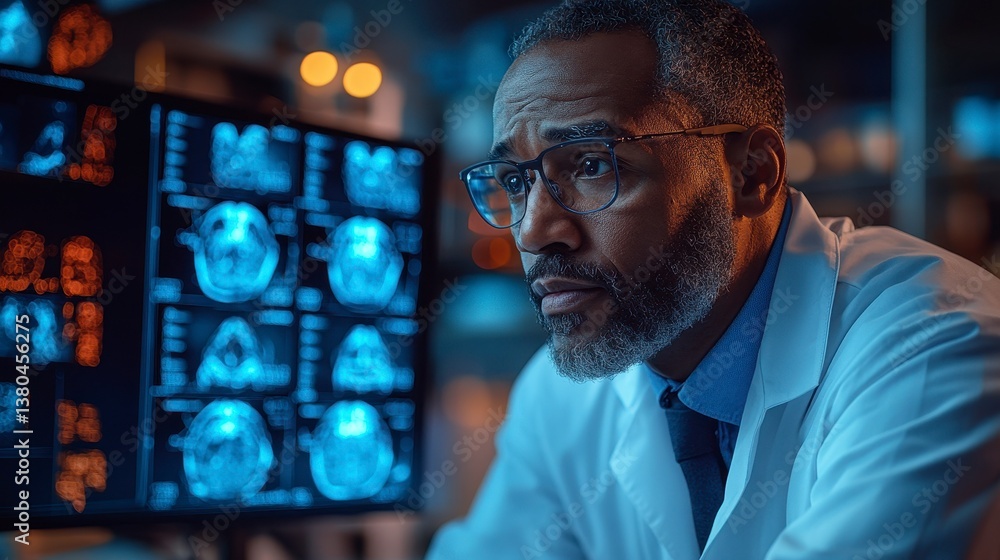Doctor analyzes brain scans on monitors in a futuristic, advanced setting Doctor analyzes brain scans on monitors in a futuristic, advanced setting