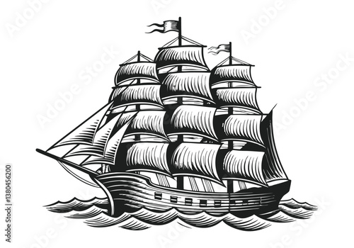  Vintage black and white engraving of a tall sailing ship with multiple masts, detailed rigging, and wind-filled sails on ocean waves