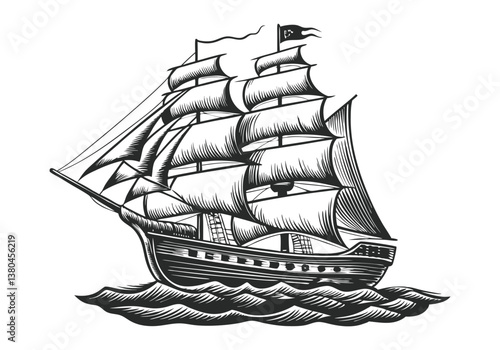  Vintage black and white engraving of a tall sailing ship with multiple masts, detailed rigging, and wind-filled sails on ocean waves