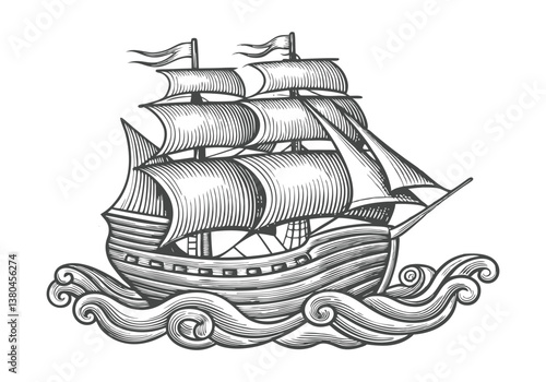  Vintage black and white engraving of a tall sailing ship with multiple masts, detailed rigging, and wind-filled sails on ocean waves