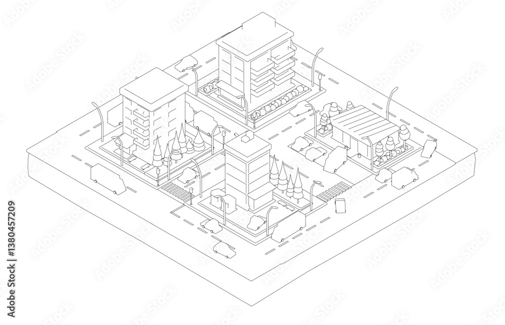 A black and white drawing of a city block with a large building in the center. The drawing is abstract and has a modern feel to it A black and white drawing of a city block with a large building in the center. The drawing is abstract and has a modern feel to it