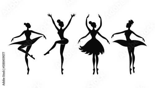 Silhouettes of dancing ballerinas and dancers in motion