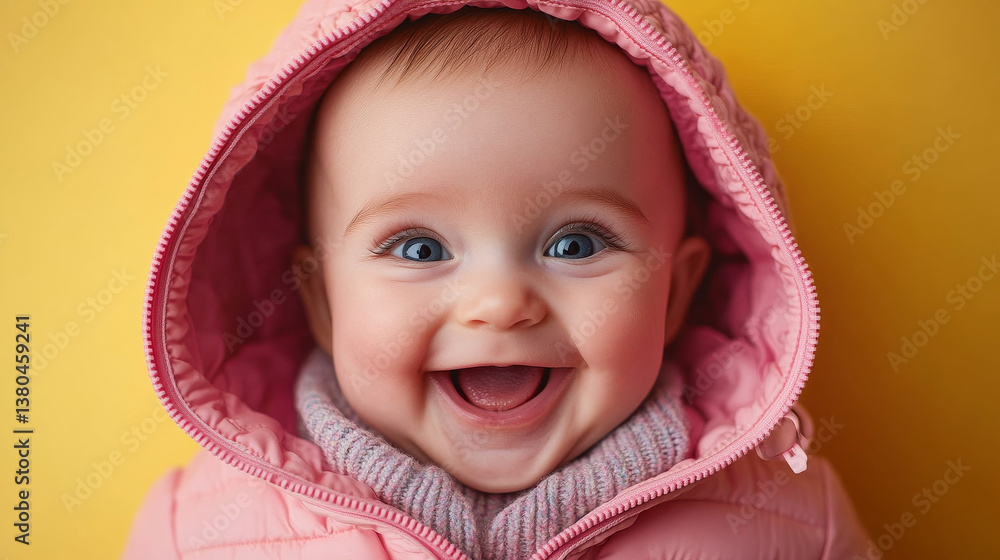 Happy baby in soft pink jacket with bright yellow background Happy baby in soft pink jacket with bright yellow background