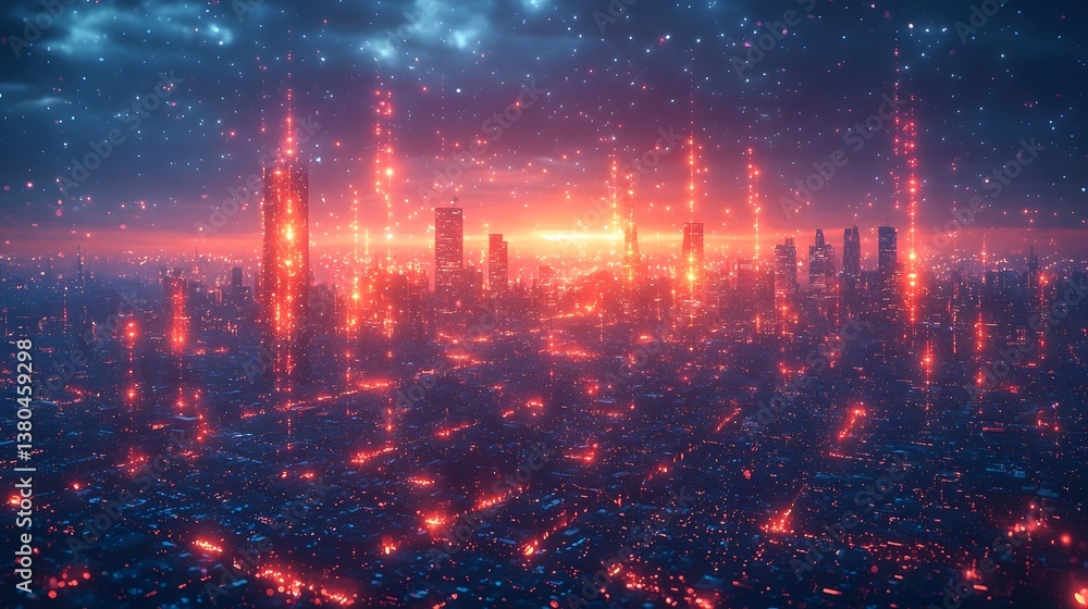 A cyberpunk inspired cityscape connected by glowing quantum streams A cyberpunk inspired cityscape connected by glowing quantum streams