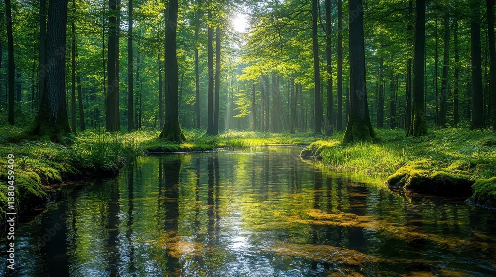 Forest serenity Stream reflects trees under sunlit canopy Forest serenity Stream reflects trees under sunlit canopy