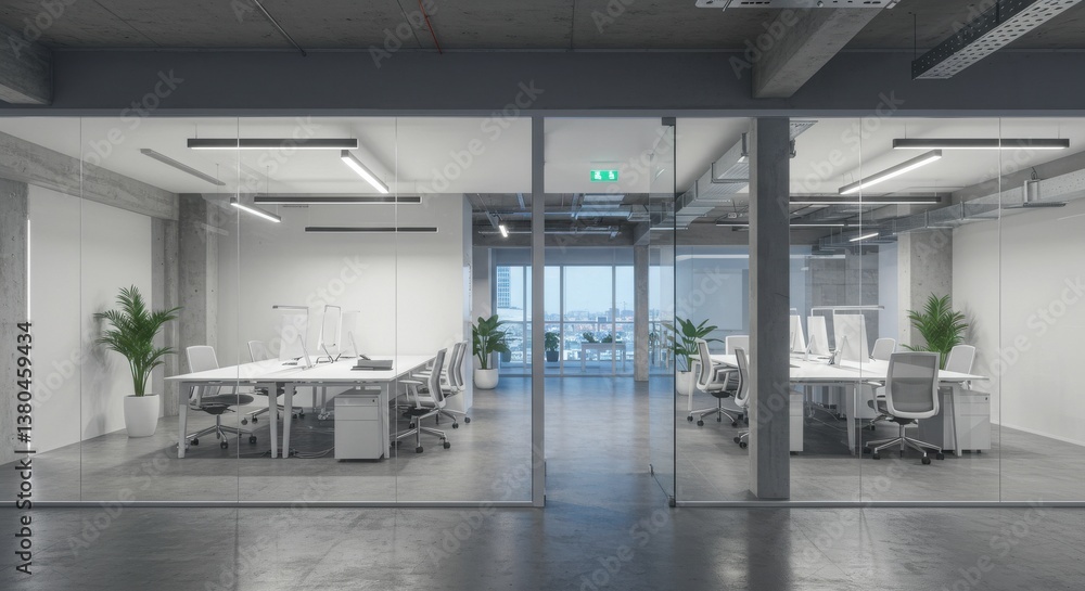 View of two modern office spaces separated by glass walls with desks and chairs inside them View of two modern office spaces separated by glass walls with desks and chairs inside them