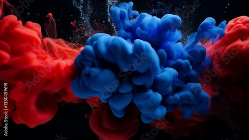 Dynamic Ink Fusion: An abstract composition where vibrant red and blue inks collide and merge underwater, creating a mesmerizing spectacle of color and motion.