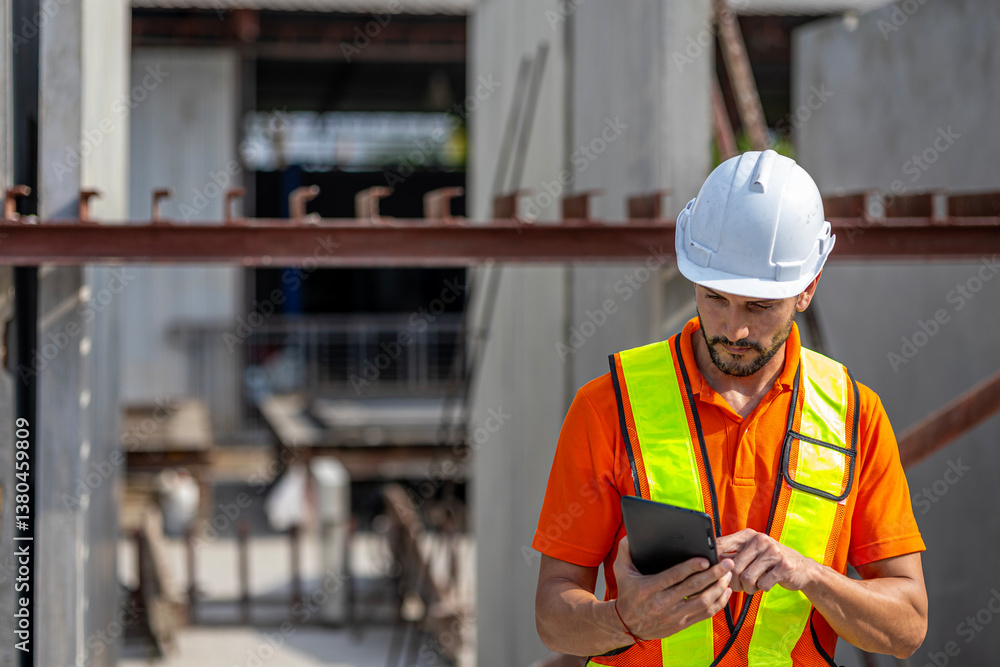 custom made wallpaper toronto digitalMale civil engineer is using tablet or smart phone conducting a quality check in a precast factory. Engineer in safety suit working in a construction factory.