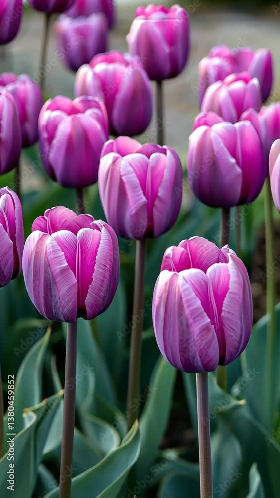 Orange purple tones tulips garden swaying in the wind in cinematic shot. Vertical Video Orange purple tones tulips garden swaying in the wind in cinematic shot. Vertical Video