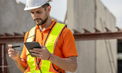 Male civil engineer is using credit card to pay online bill through tablet or smart phone in a construction factory. Online payment
