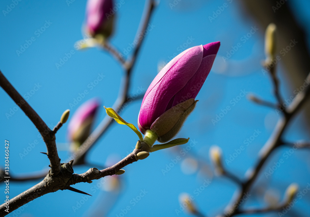 Magnolia flower bud on a branch against the blue sky. Close-up of a pink magnolia bud on a tree branch with a blurred background of blue sky and other buds Magnolia flower bud on a branch against the blue sky. Close-up of a pink magnolia bud on a tree branch with a blurred background of blue sky and other buds