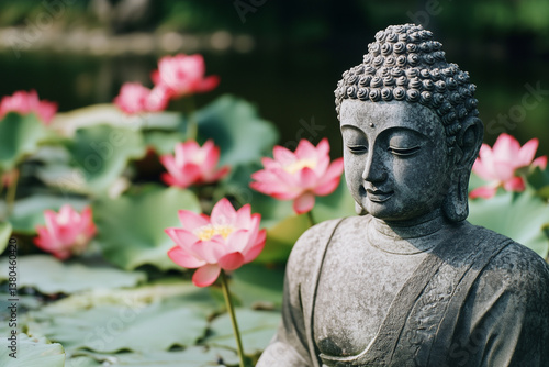 Stone buddha statue surrounded by pink lotus flowers and green leaves. Meditation, mindfulness, relaxation, calm atmosphere. Pond with water lilies in a Buddhist temple.