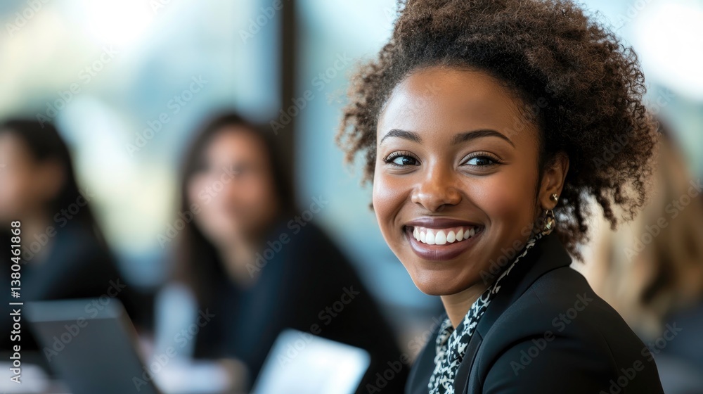 Confident Businesswoman Smiling in Seminar Room, Leading a Diverse Group of Professionals Confident Businesswoman Smiling in Seminar Room, Leading a Diverse Group of Professionals