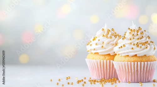 Two elegantly frosted cupcakes adorned with golden sprinkles, set against a soft, blurred background, creating a delightful and festive atmosphere.