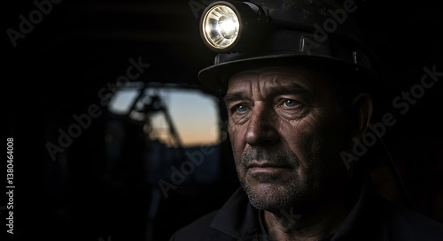 Miner in helmet with headlamp, serious gaze, deep shadows, underground environment.