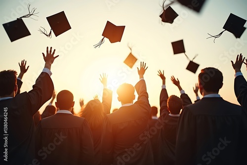 Excited Graduates Celebrating Academic Success with Caps Thrown in Air at Sunset