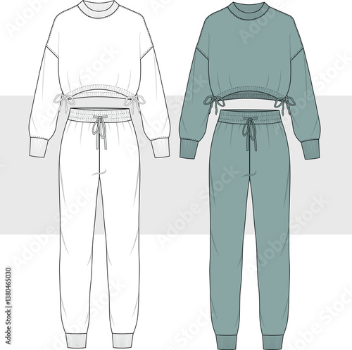 Jogger and sweatshirt tracksuit set for women technical drawing, home wear, sleep wear, sweatshirt and pajama set illustration, vector, Cad, Mockup.