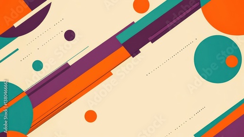 A flat vector background featuring vibrant orange, teal, and purple geometric shapes, including circles, triangles, and stripes