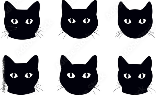 Collection of Black Cat Heads in Various Expressions in a Clean Vector Art Style