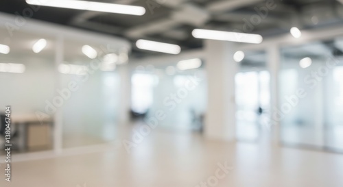 Fototapeta Naklejka Na Ścianę i Meble -  Blurry view of a modern office space with glass partitions and bright overhead fluorescent lighting fixture