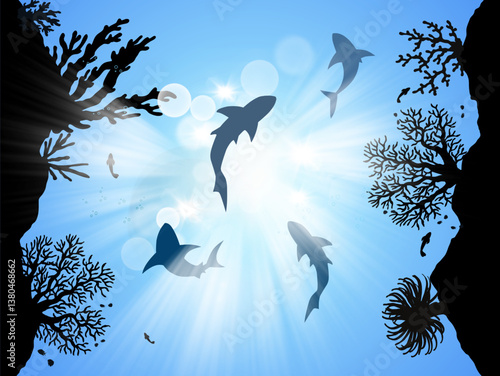 vector illustration of a silhouette of a sharks schooling