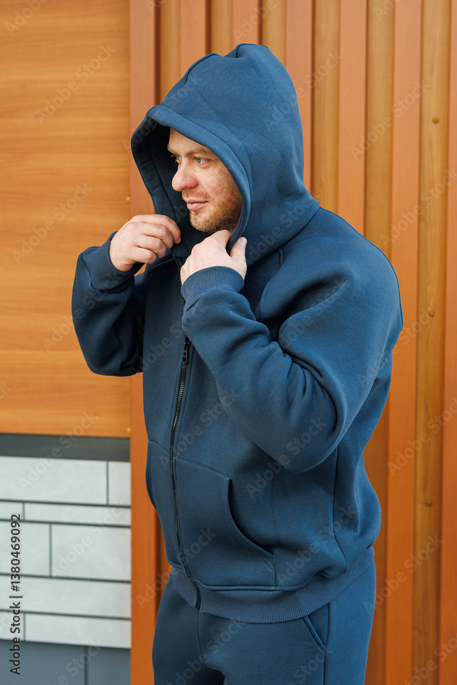A man wearing a trendy blue hoodie stands confidently outdoors, posing against a rustic wooden wall that beautifully contrasts with his stylish fashion choices and reflects his active lifestyle