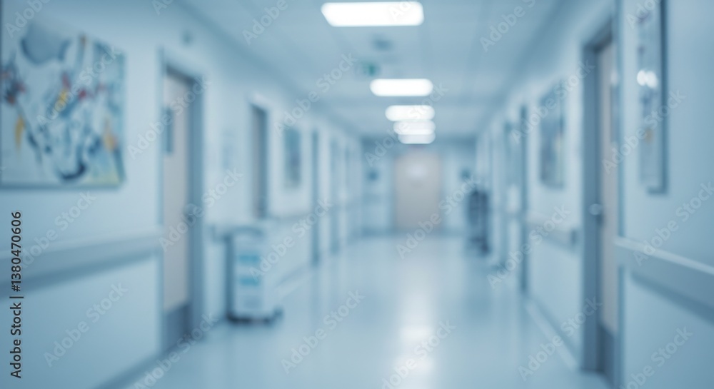 Fototapeta premium A blurred hospital hallway with doors and artwork on the walls and lights on the ceiling above