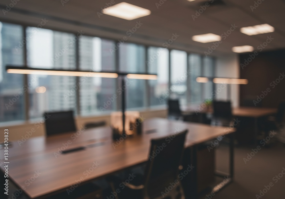 A blurred office space with long tables chairs and lights with a large window in the background A blurred office space with long tables chairs and lights with a large window in the background