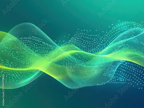 A fluid abstract design of bright cyan and lime green waves on a gradient dark to light teal background