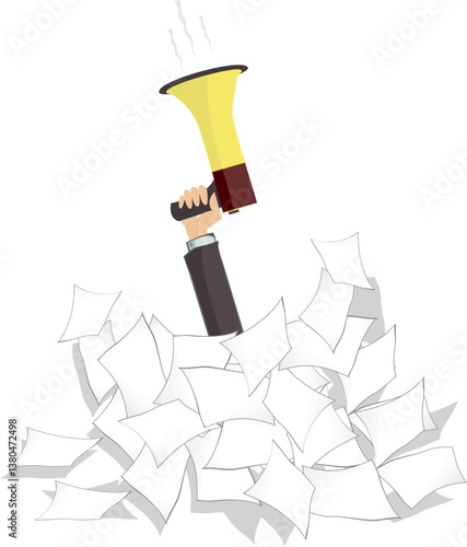 Hand with megaphone. Big pile of papers.
Businessman. Paperwork. Hand with megaphone rises out from the huge pile of documents
