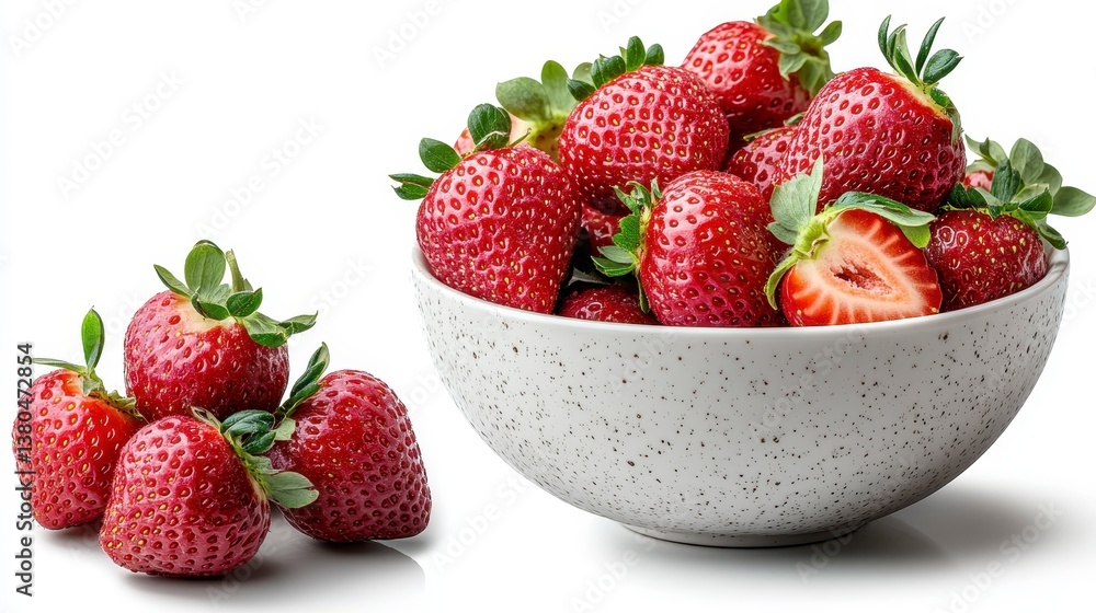 Bowl and pile of fresh, vibrant, ripe, and juicy red strawberries Bowl and pile of fresh, vibrant, ripe, and juicy red strawberries