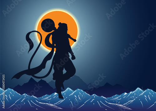 "Shree Hanuman Jayanti" Calligraphy in Marathi, meaning Greetings and wishes for Happy Hanuman Jayanti festival of India with lord Hanuman Vector Illustration
