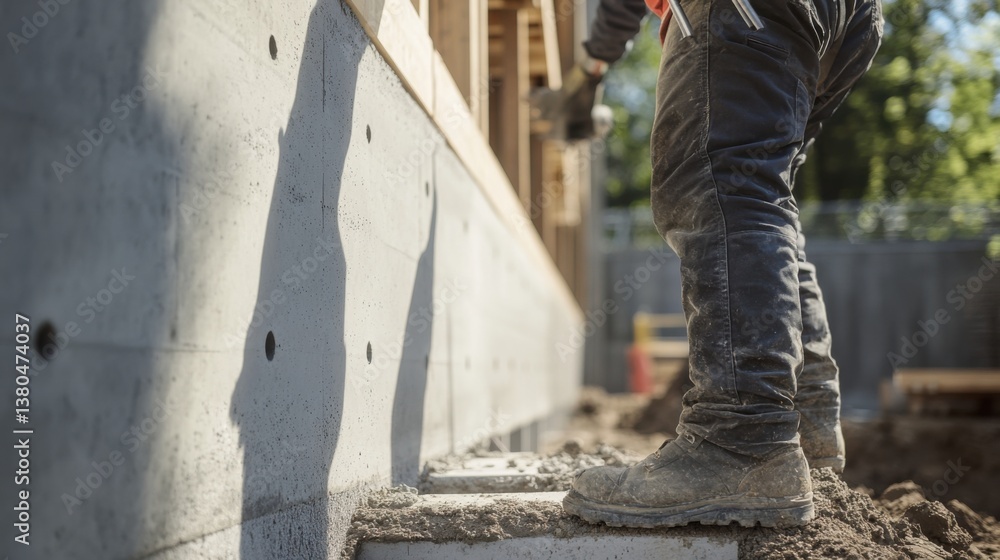 A construction worker inspecting a building’s foundation. Featuring attention to detail and responsibility A construction worker inspecting a building’s foundation. Featuring attention to detail and responsibility