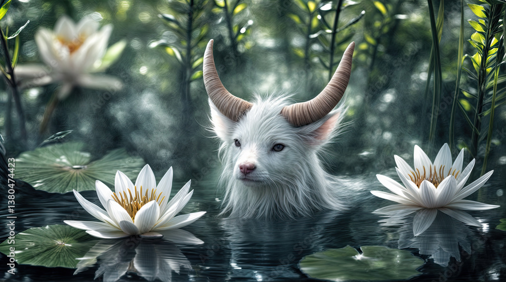 A mystical creature, seemingly a canine with horns, rests in a serene lily pond.