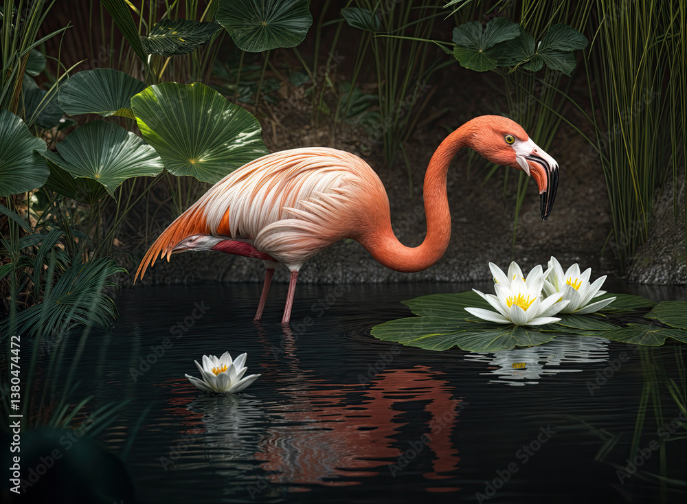 A flamingo, its plumage a soft peachy-pink, delicately probes the still water for sustenance amidst lush greenery