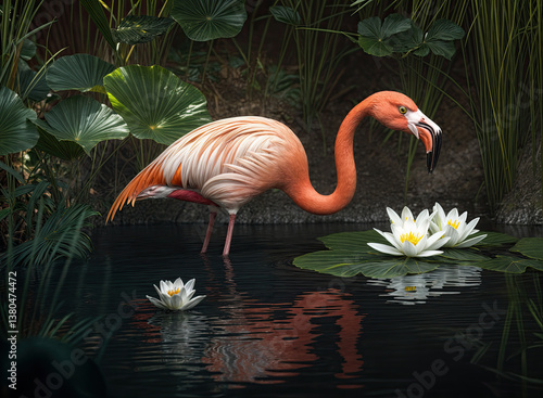Obraz na płótnie A flamingo, its plumage a soft peachy-pink, delicately probes the still water for sustenance amidst lush greenery w salonie