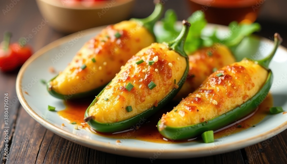 Baked jalapeno poppers arranged on a plate with golden brown crispy exterior and juicy interior , baked, popper Baked jalapeno poppers arranged on a plate with golden brown crispy exterior and juicy interior , baked, popper