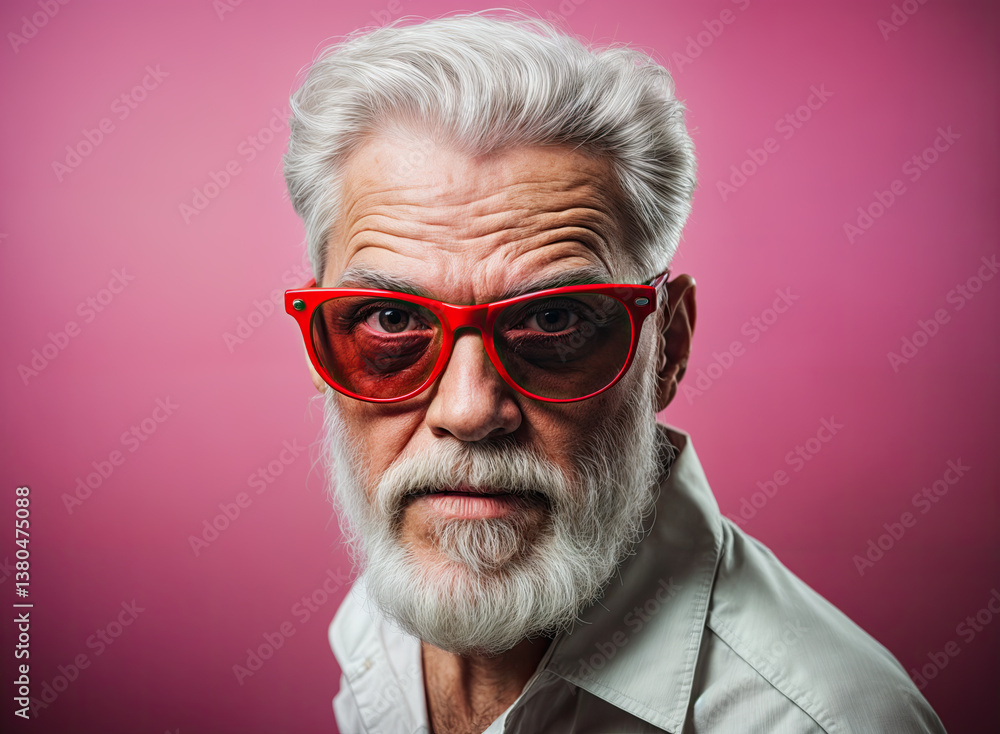 A man with a distinguished white beard and stylish red sunglasses, his gaze intense against a vibrant pink backdrop.