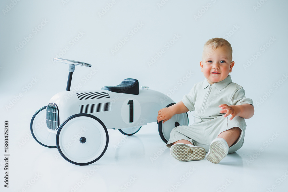 This adorable toddler with a classic toy car is perfect for capturing delightful moments in child play photography. The scene embodies joy and innocence, making it an ideal choice for family memories