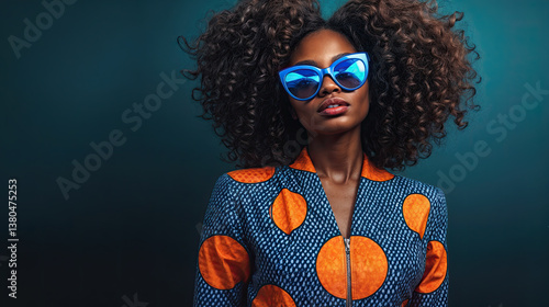 A woman with voluminous curly hair, wearing bold blue sunglasses and an orange and blue patterned jacket.