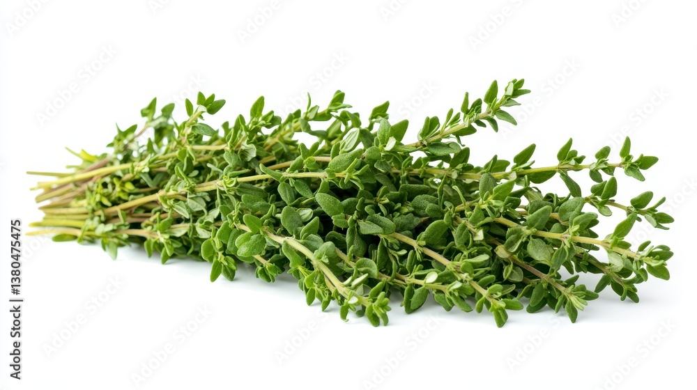 Thyme bunch. Small green leaves and thin stems in a bundled heap Thyme bunch. Small green leaves and thin stems in a bundled heap