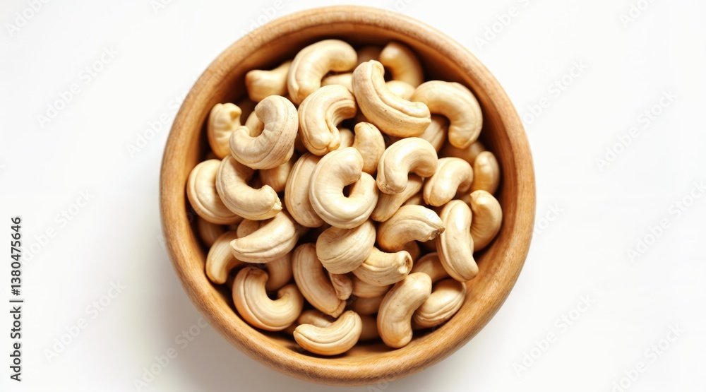 High-angle close-up of cashews in a wooden bowl, light beige nuts with natural curves, smooth brown bowl, bright white background, evenly lit, fresh and nutritious, healthy food presentation. High-angle close-up of cashews in a wooden bowl, light beige nuts with natural curves, smooth brown bowl, bright white background, evenly lit, fresh and nutritious, healthy food presentation.