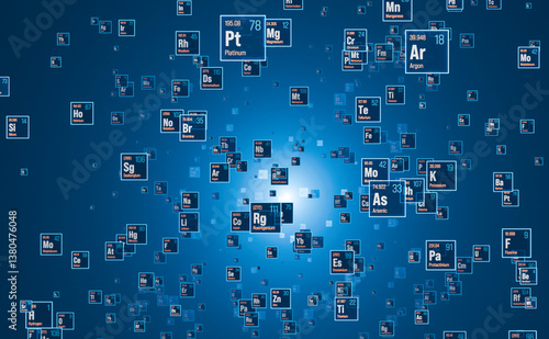 Periodic table of the elements. System, material, chemical, atomic weight, material, science, education. 3D animation