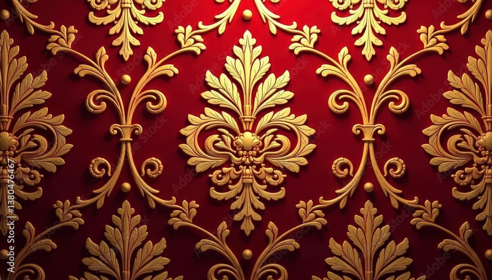 Intricate floral damask pattern in muted gold on deep red , embroidery, style Intricate floral damask pattern in muted gold on deep red , embroidery, style